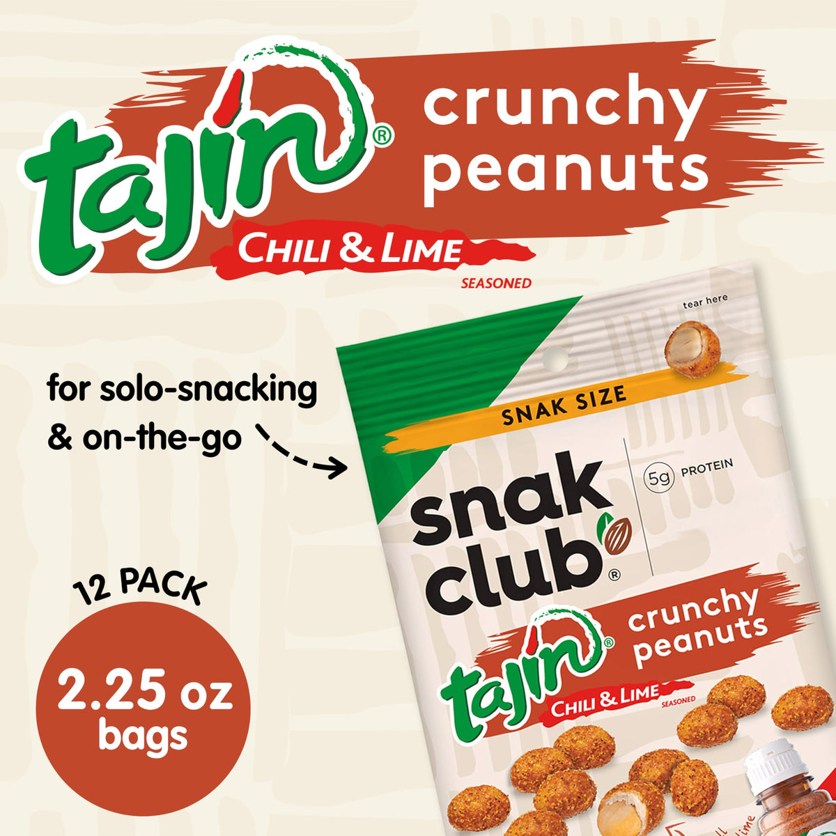 Snak Club Tajin Crunchy Peanuts, Nuts with Chili and Lime Seasoning, Mild, 2.25 oz Snack Bags, 12 Pack