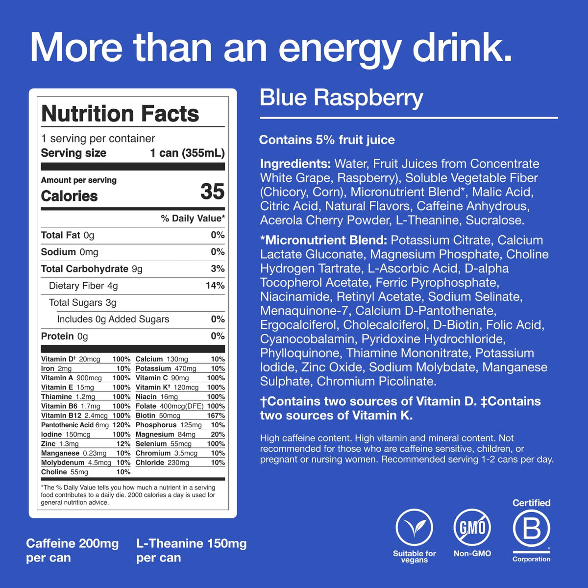 Huel Energy+ | Blue Raspberry Energy Drink | 200mg of Caffeine 35 Calories