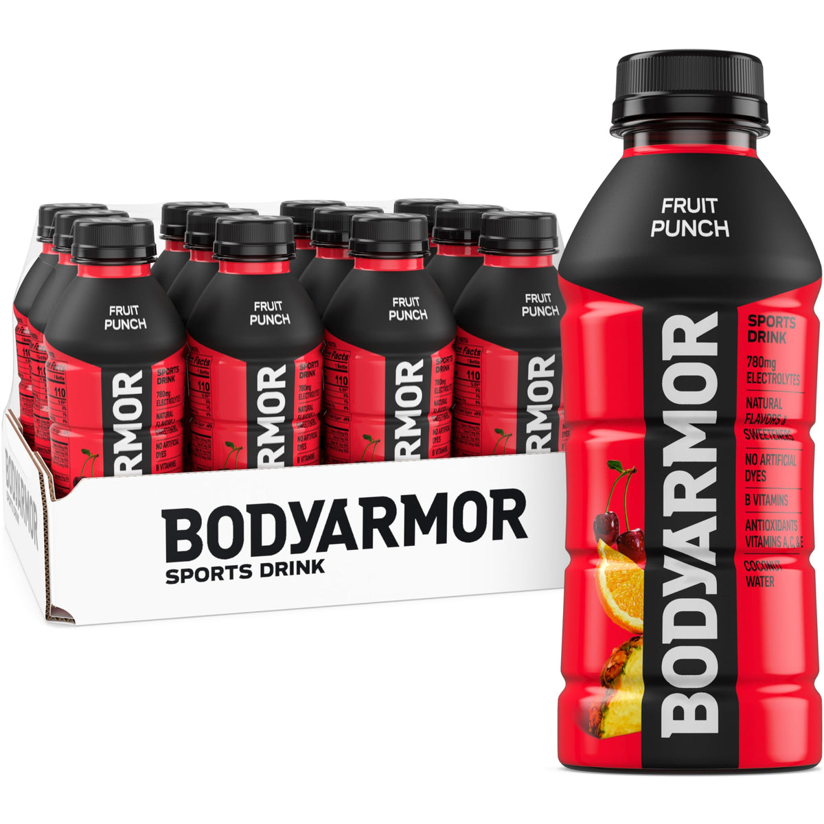 BODYARMOR Sports Drink, Fruit Punch, Electrolyte Drink Hydration, 16 Fl Oz Bottles (12 Pack), Flavored Coconut Water with B Vitamins & Antioxidants