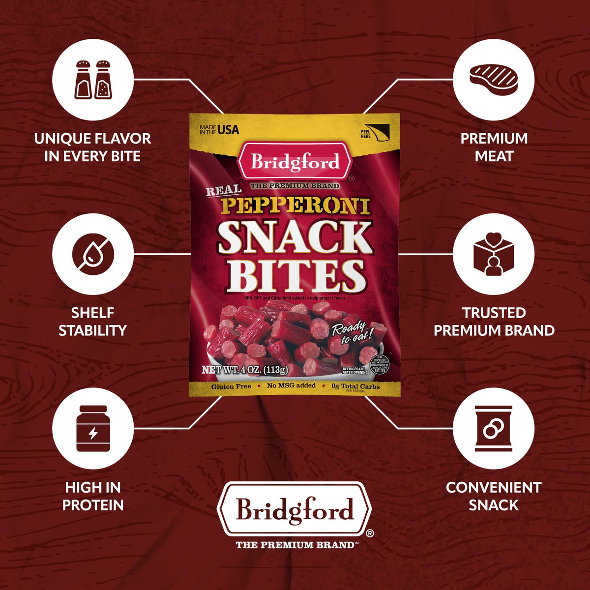 Bridgford Pepperoni Snack Bites 4 oz Pack of 3 - Ready-to-Eat Pepperoni Snacks for On-The-Go Snacking - Pork and Beef Pepperoni Bites with Zero Carbs