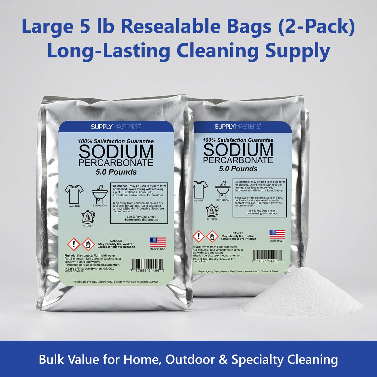 Supply Masters Sodium Percarbonate Powder 2 Pack (10 lbs Total) - Oxygen Bleach Alternative & Stain Remover - Multi-Purpose Cleaner for Laundry