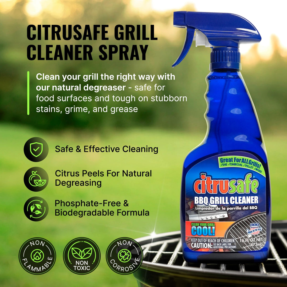 CitruSafe Grill Cleaning Kit - BBQ Grill Cleaner (16oz) and BBQ Grill Scrubber with 3 Heavy Duty Replaceable Scrubber Pads - Formulated to Safely