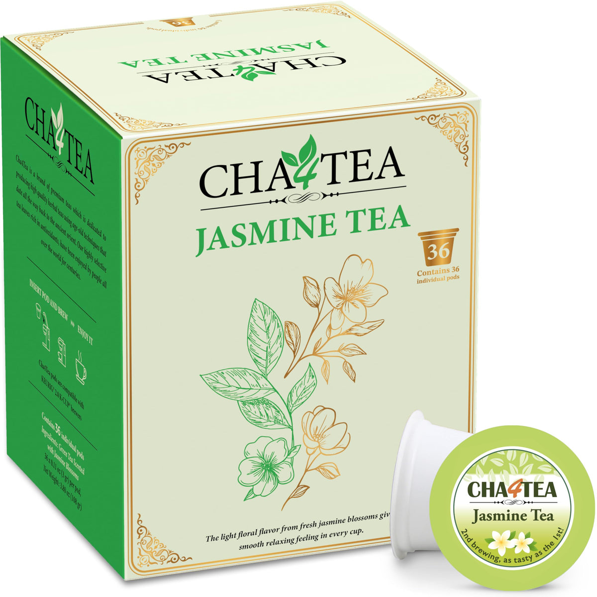 Cha4TEA 36-Count Jasmine Green Tea Pods Compatible with Keurig K-Cups Brewers