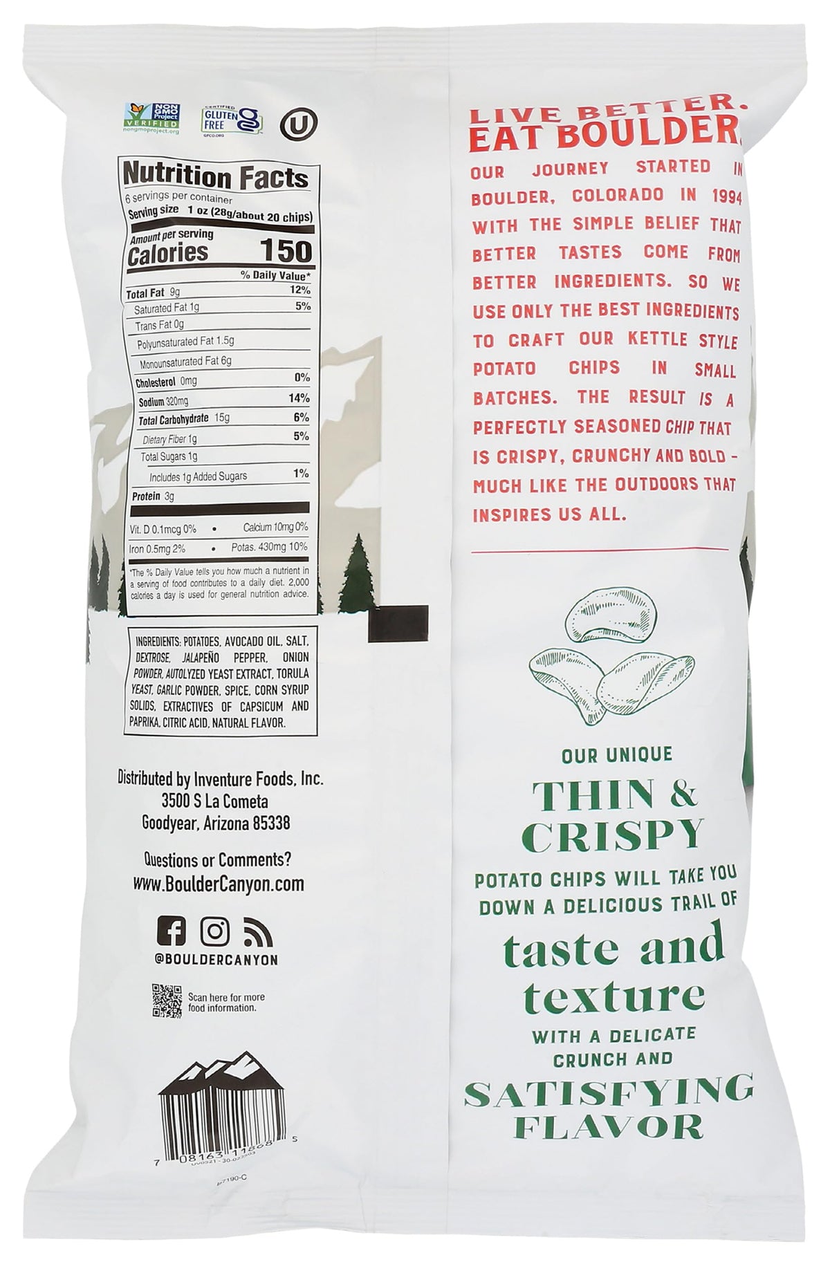 BOULDER CANYON Thin & Crispy Avocado Oil Jalapeno Potato Chips, 6 OZ