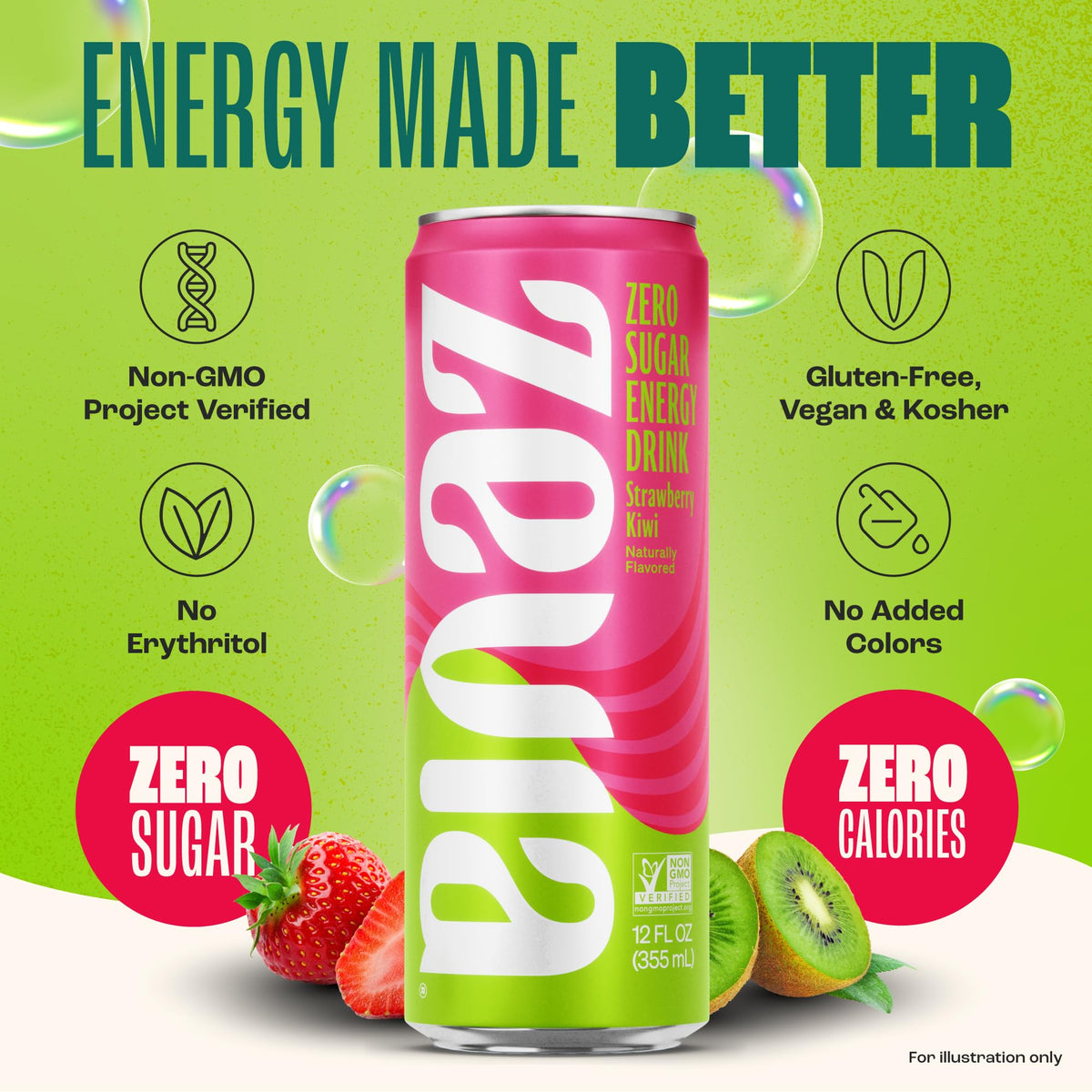 Zevia Zero Sugar Energy Drink, Strawberry Kiwi, 12 oz Cans (12-Pack) - Naturally Sweetened, Zero Calorie Sugar Free Energy - Non-GMO Project Verified