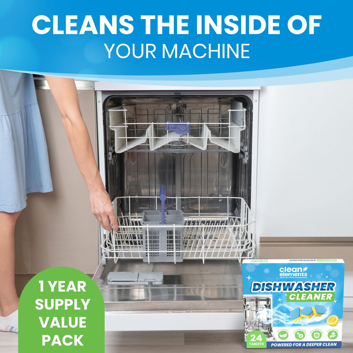 Dishwasher Cleaner Tablets & Deodorizer - 24 Pack (12 Month Supply) Deep Cleaning Descaler Pods, Removes Limescale, Hard Water, Calcium, Grease