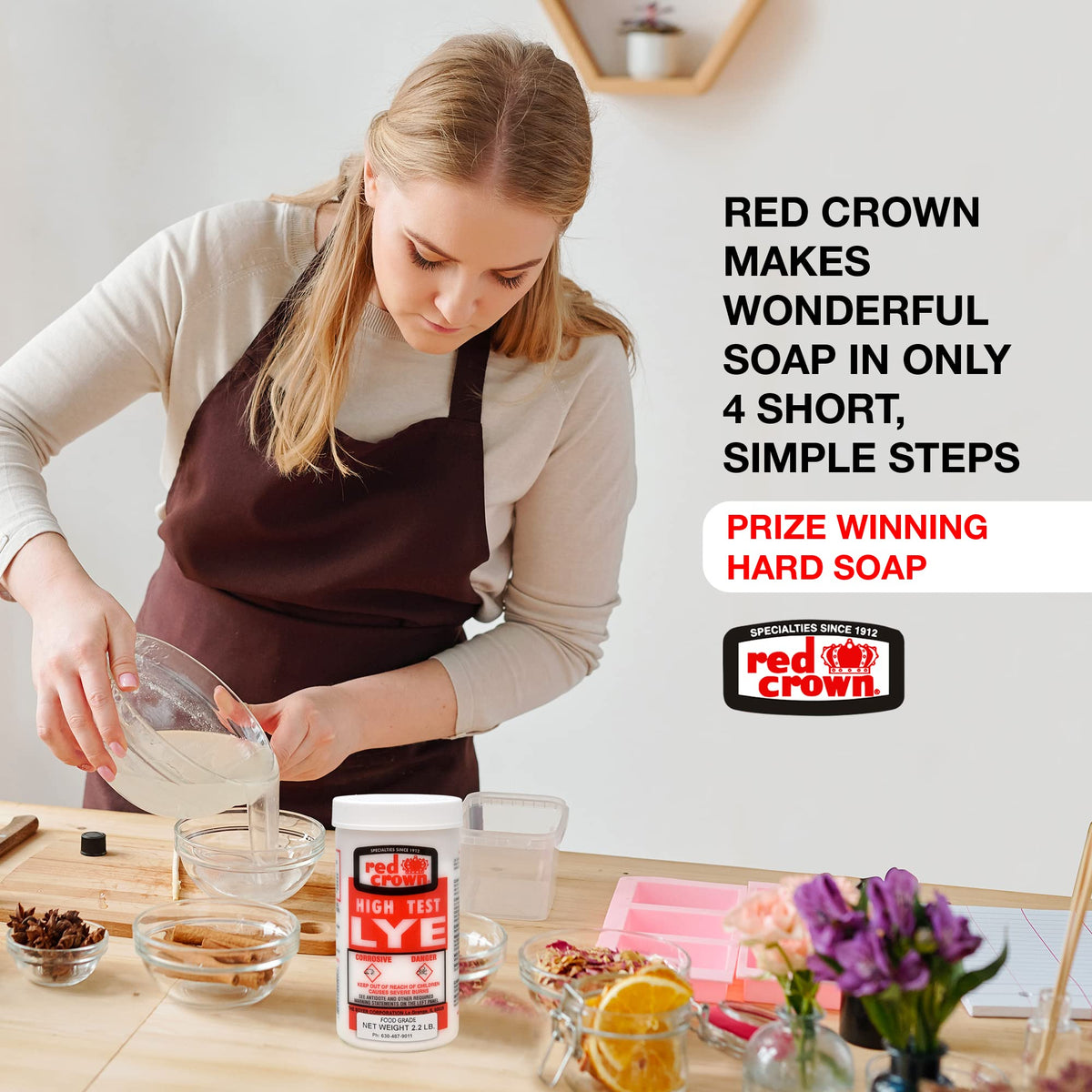 The Boyer Corporation Red Crown Lye for Soap Making, Sodium Hydroxide Pure High Test Food Grade Lye, Caustic Soda, Drain Cleaner and Clog Remover, 3