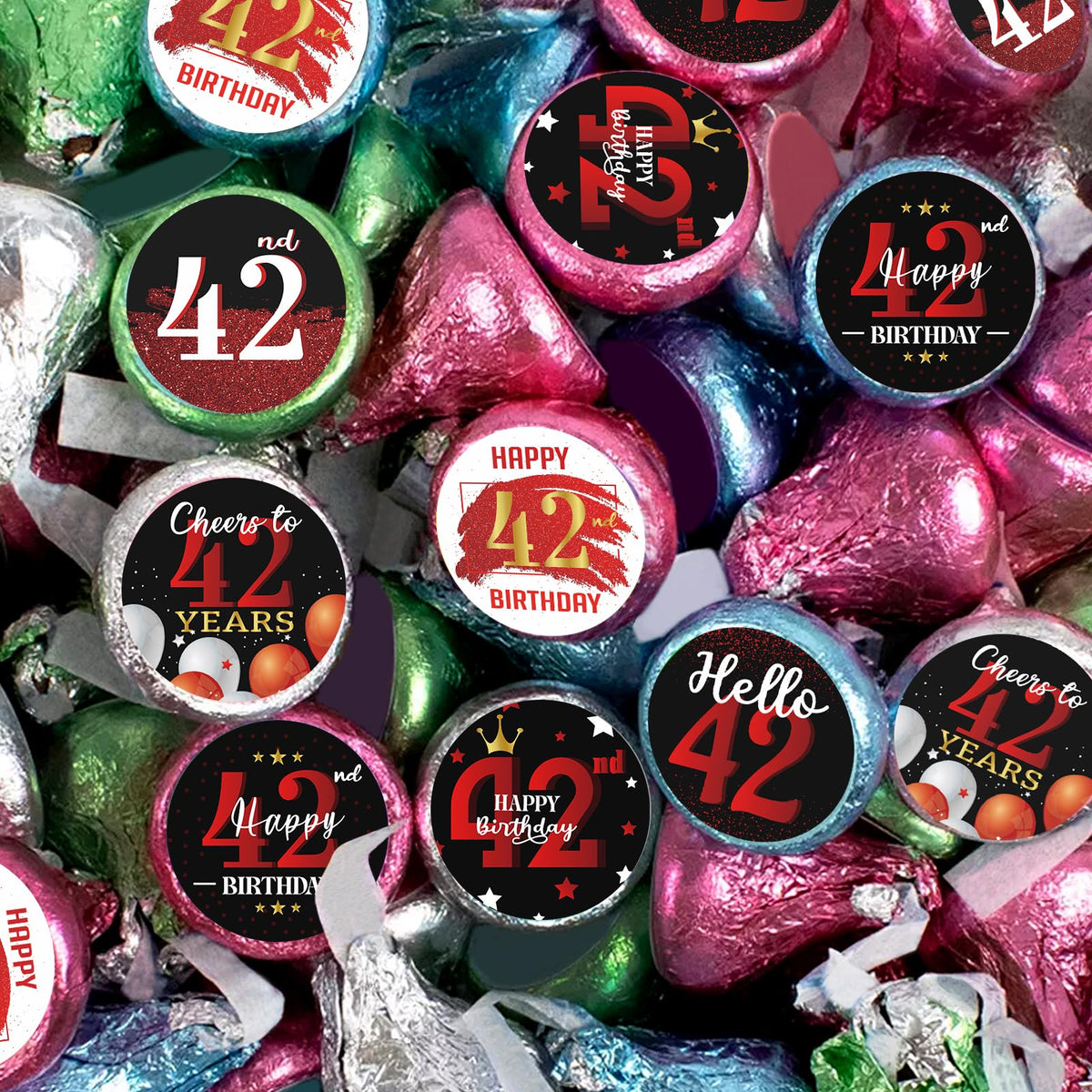 Happy 42nd Birthday Party Favor Labels Chocolate Candy Stickers - Forty Two Years Old Round Candy Sticker Party Favors - Black and Red - 150 Stickers