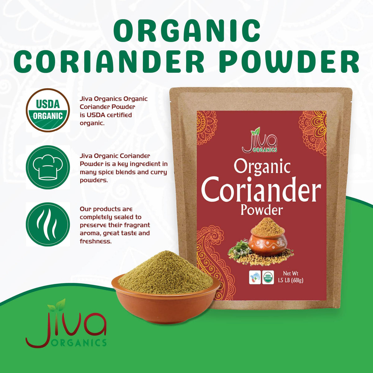 Jiva Organics Organic Ground Coriander Powder 1.5 LB Bulk Bag - Non-GMO, Pure - Dhania, Coriander Seeds Ground