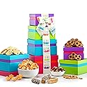 Broadway Basketeers Birthday Food Gift Basket 4 Box Tower - Snack Box, Sweet & Savory Treats for Parties, Best Wishes, Birthday Presents for Women