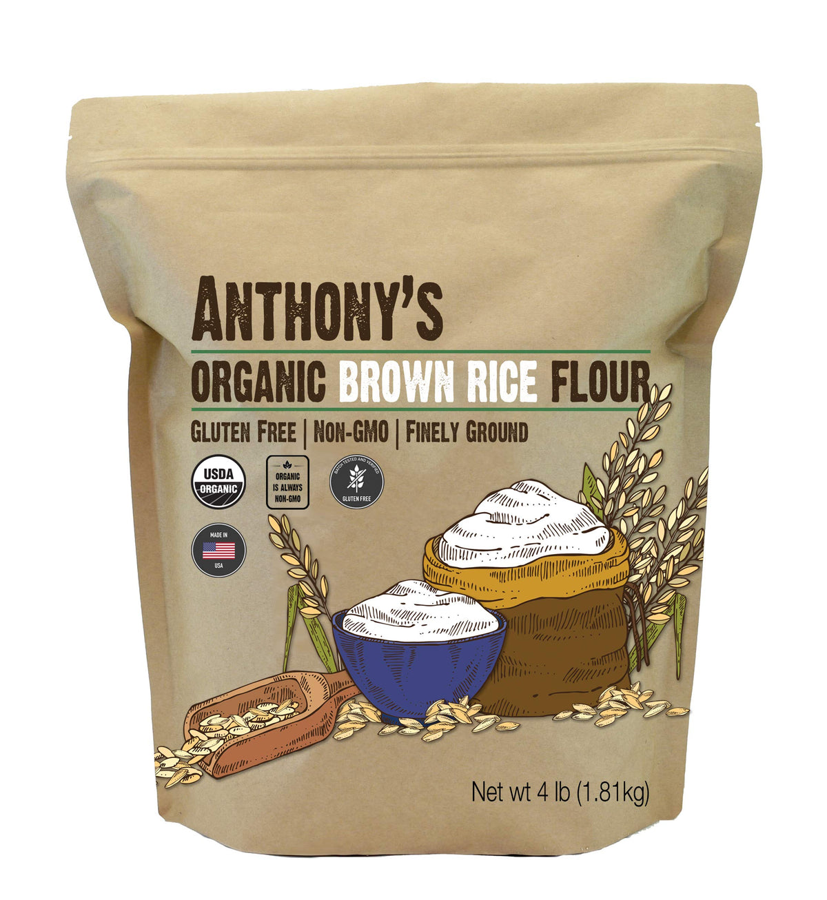 Anthony's Organic Brown Rice Flour, 4 Pound, Gluten Free, Product of USA, Finely Ground