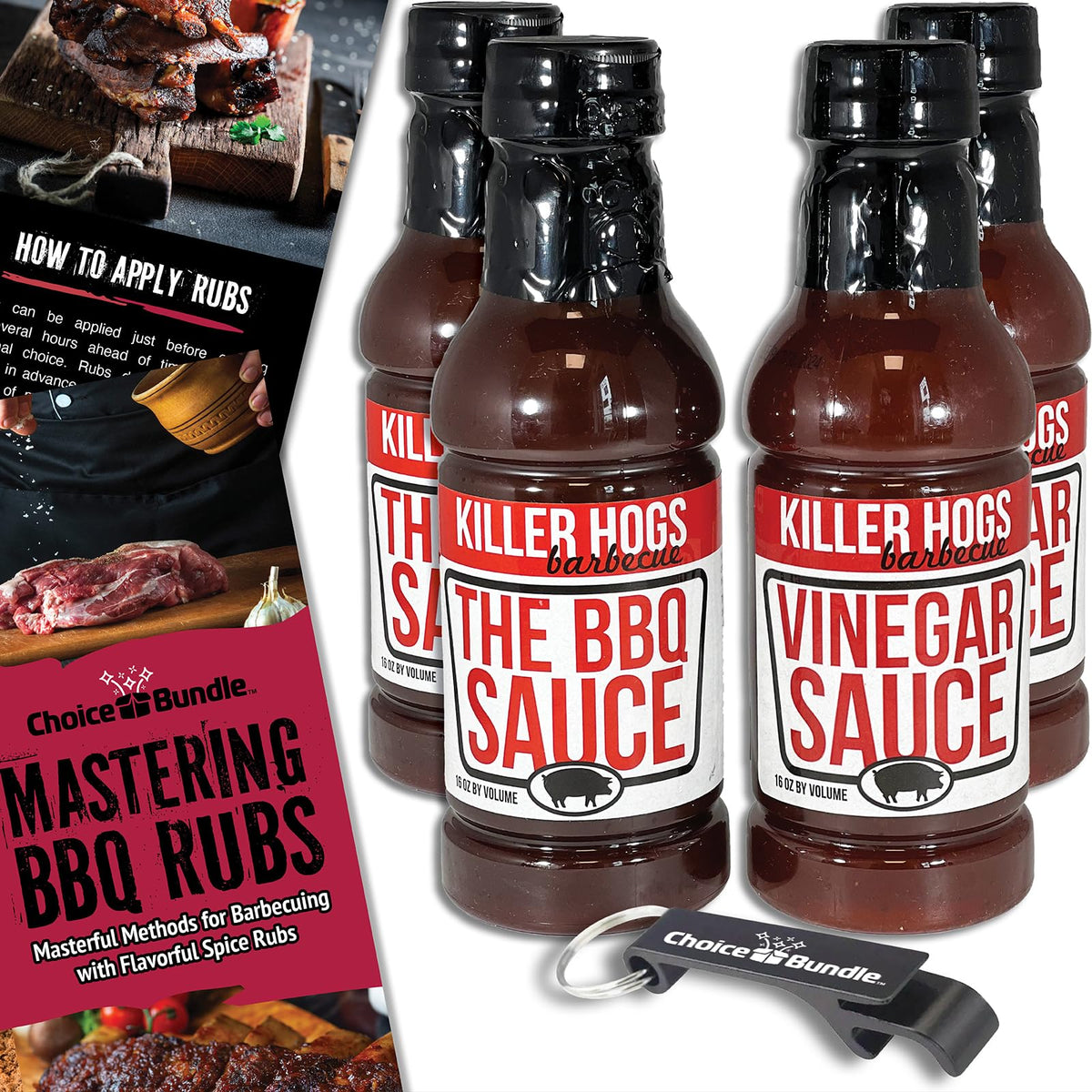 Killer Hogs The BBQ Sauce & Vinegar Sauce Premium 4 pk (64 oz) Great to Dip Toss Glaze & More + Barbecue Masters & Bottle Opener (6 Items)!