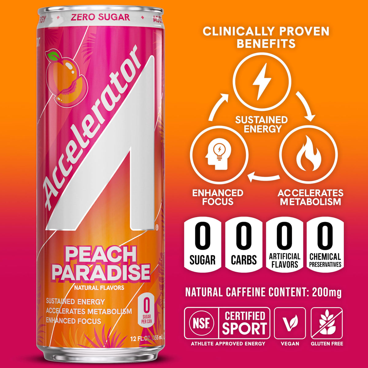 Accelerator Active Energy Drink, Peach Paradise 12oz can (12 pack)