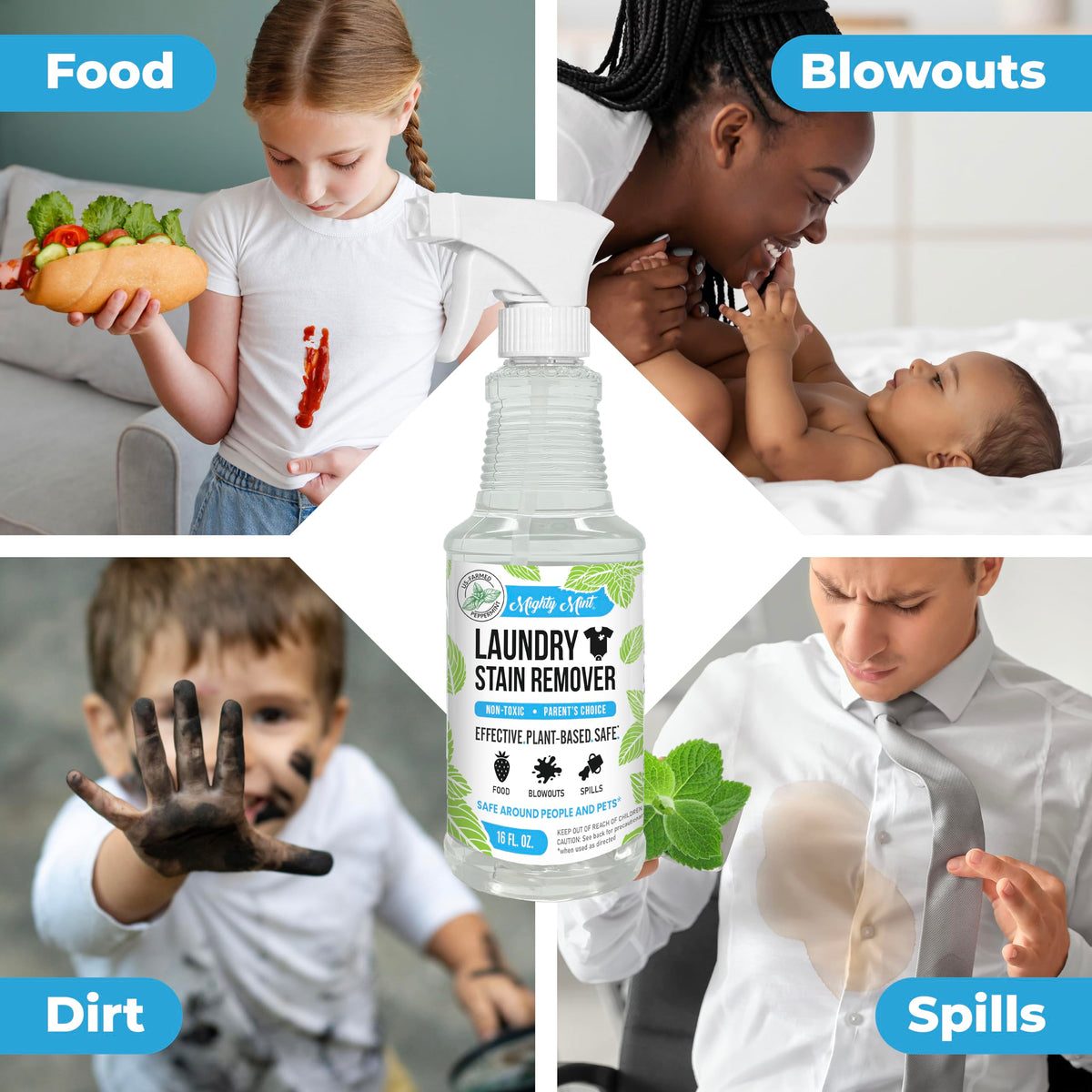 Mighty Mint Laundry Stain Remover, Parent’s Choice Spray for Stains from Food, Drink, Grease, Natural Peppermint Scent, 16oz