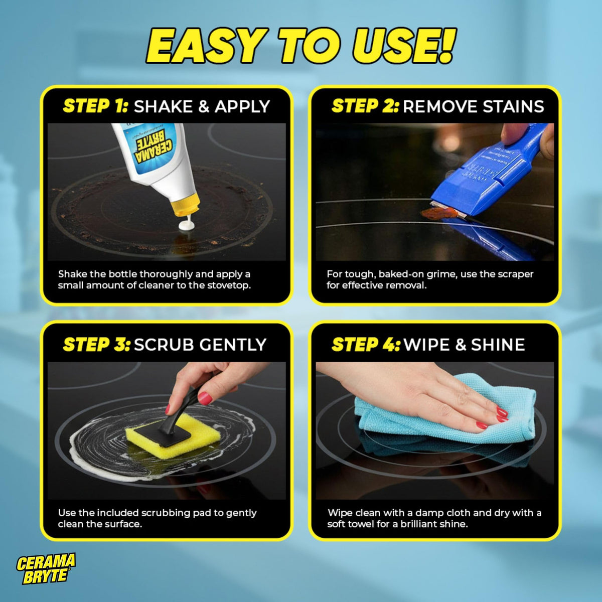 Cerama Bryte Glass Cooktop and Stove Top Cleaner Combo Kit - Includes Cleaning Tool, Razor, Scraper and 1 Pad to Remove Tough Stains - Use on Gas