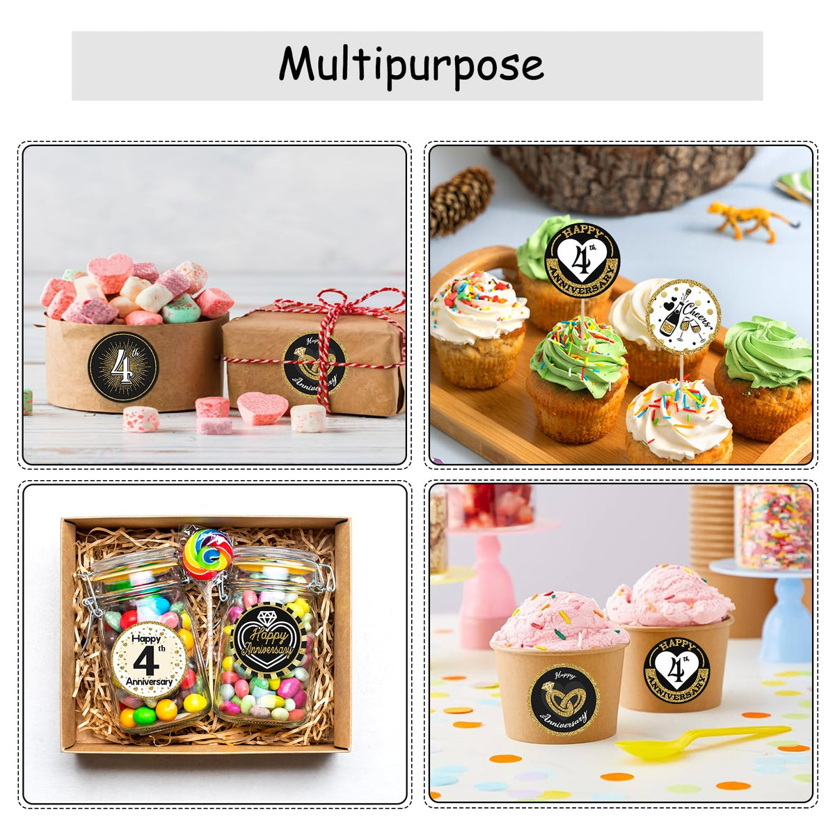 Black and Gold 4th Anniversary Kisses Stickers, 180 Count 0.75" Round Candy Labels, Chocolate Favor Stickers for 4th Wedding Anniversary Party