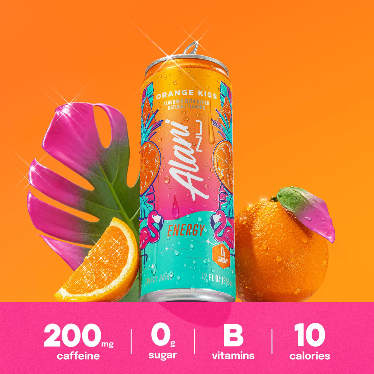 Alani Nu ORANGE KISS, Sugar Free, Low Calorie Energy Drinks, 200mg Caffeine, Biotin, B Vitamins, Zero Sugar, 10 Calories, 12 Fl Oz Cans, 12 Pack