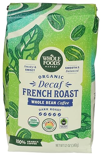 Whole Foods Market, Organic Decaf Whole Bean Coffee, Dark French Roast, Smoky & Sweet, Smooth & Balanced, 12 Ounce