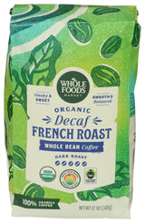 Whole Foods Market, Organic Decaf Whole Bean Coffee, Dark French Roast, Smoky & Sweet, Smooth & Balanced, 12 Ounce