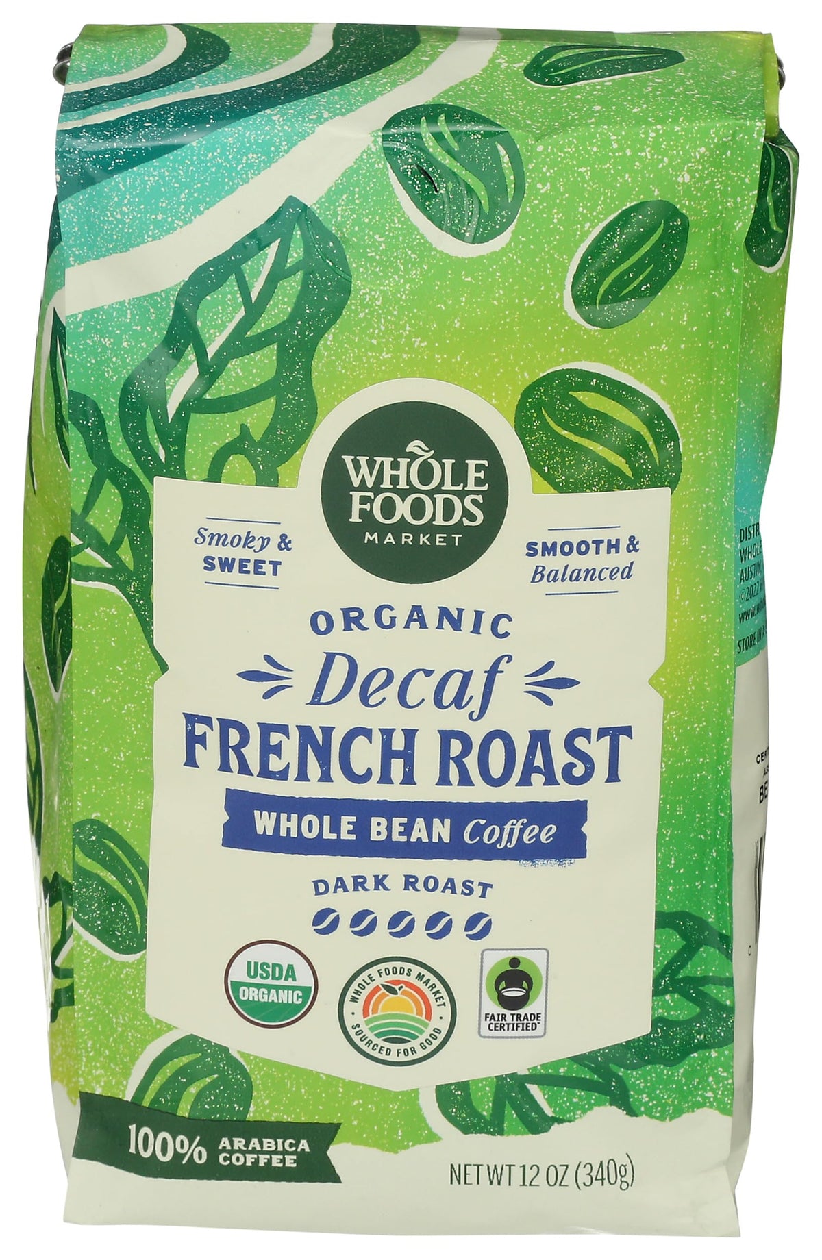 Whole Foods Market, Organic Decaf Whole Bean Coffee, Dark French Roast, Smoky & Sweet, Smooth & Balanced, 12 Ounce
