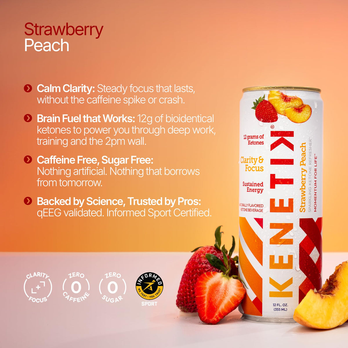 KENETIK Caffeine-Free Focus Drink - Brain Fuel for Mental Clarity and Cognitive Endurance, Sugar-Free, Bioidentical Ketones (D-BHB), 12oz - 12 Pack