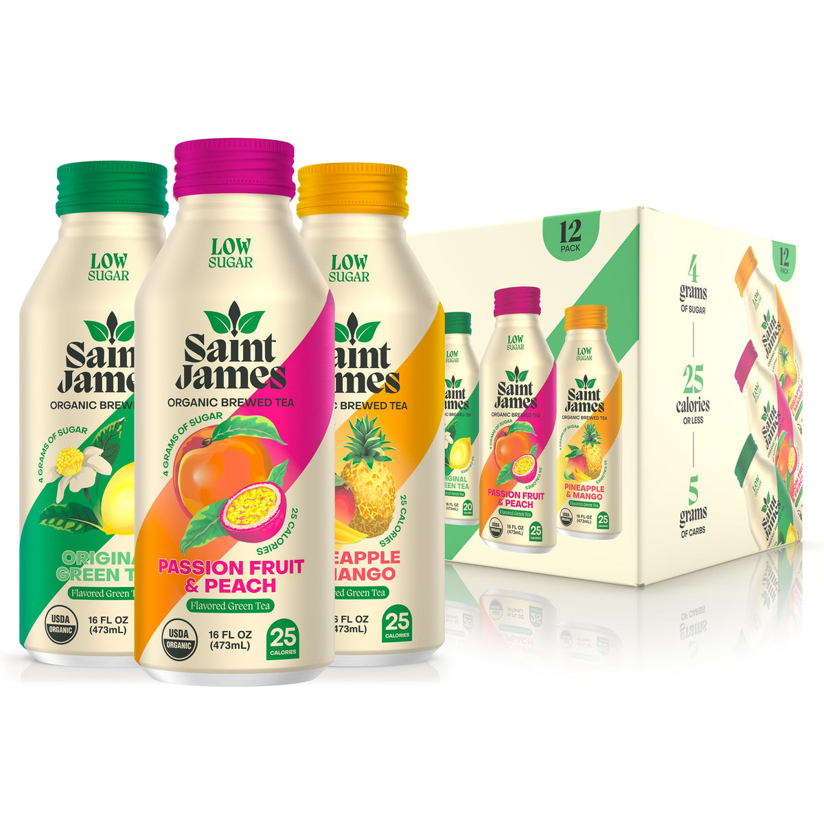 Saint James Iced Tea - Organic Green Tea - Non GMO, Gluten Free, Low Calorie & Low Sugar - Variety Green Tea Flavors, 12 Pack (16.9 fl oz each)