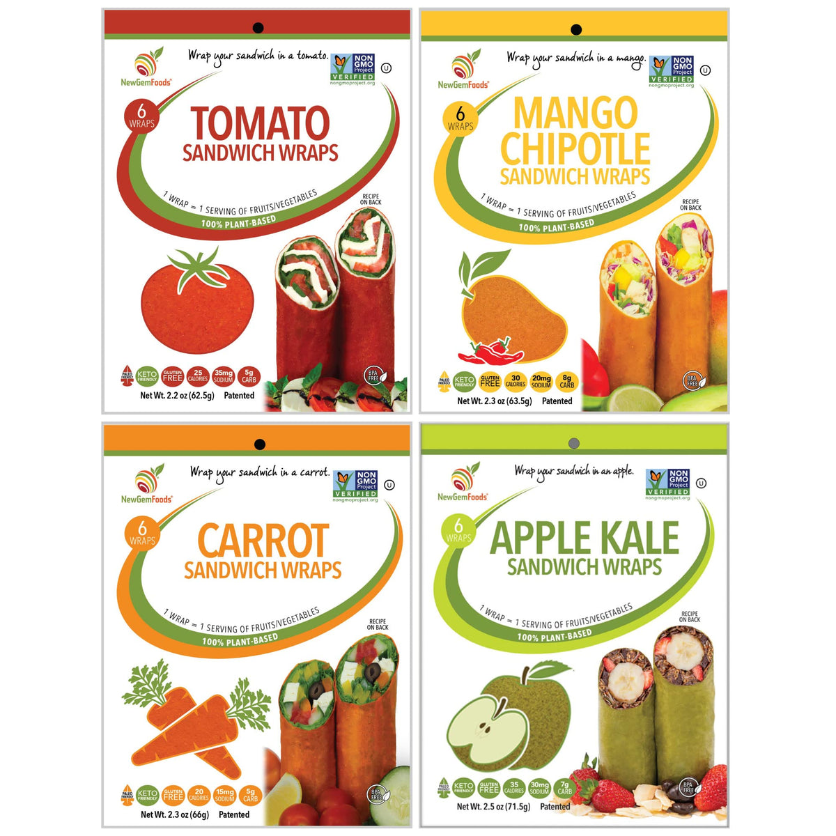 Tomato, Carrot, Apple & Mango Sandwich Wraps (Four-Pack Variety) - Vegan, Gluten-Free, Low-Carb, Plant-Based Tortilla Alternatives - Non-GMO