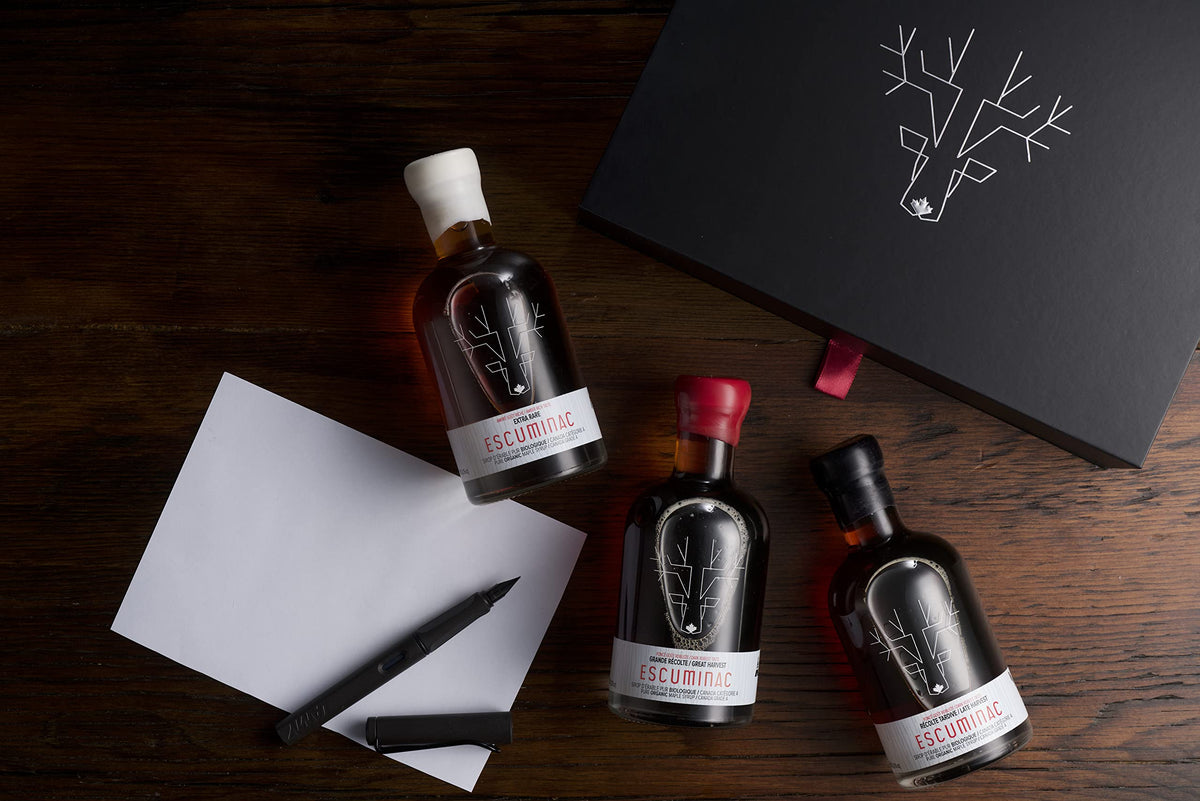 Escuminac Organic Maple Syrup Gift Set | 3 Harvests Included From Delicate to Strong Taste | 100% Pure Canadian Maple Syrup | Gourmet Tasting Trio