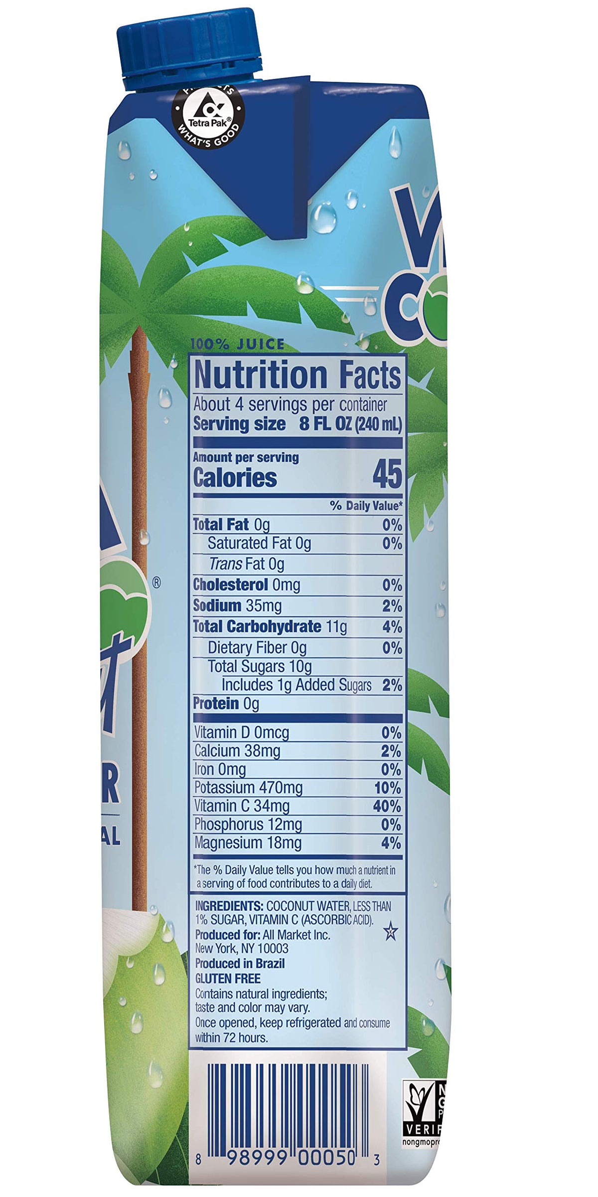 Vita Coco Coconut Water, Pure, 33.8 Fl Oz