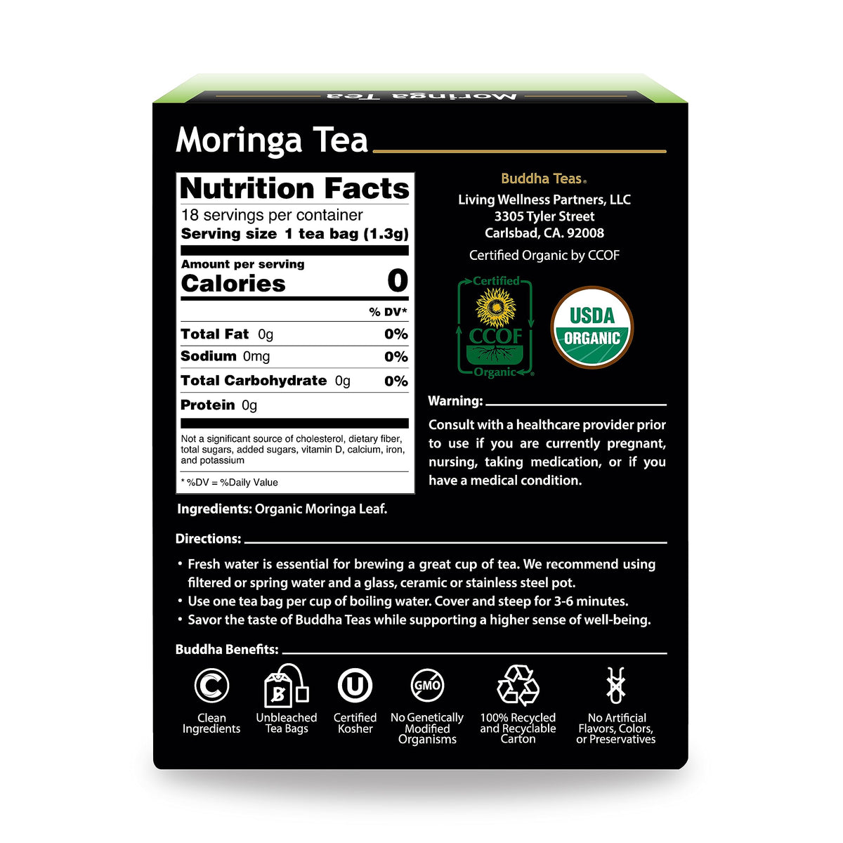 Buddha Teas - Moringa Tea - Herbal Tea - Source of Essential Vitamins & Minerals - Natural Ingredients - Caffeine Free - OU Kosher - 18 Tea Bags (Pack