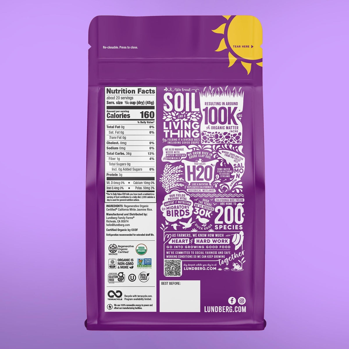 Lundberg Jasmine Rice, Regenerative Organic Certified - Non-Sticky, Aromatic Long-Grain White Rice, Responsibly Grown in California, 64 Oz