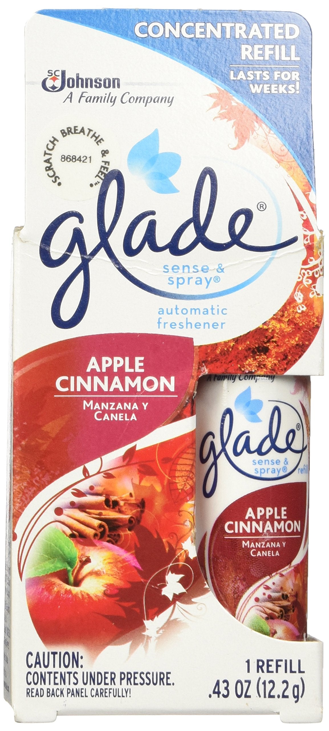 Glade Sense & Spray Automatic Air Freshener Refill, Apple Cinnamon, 0.43 oz