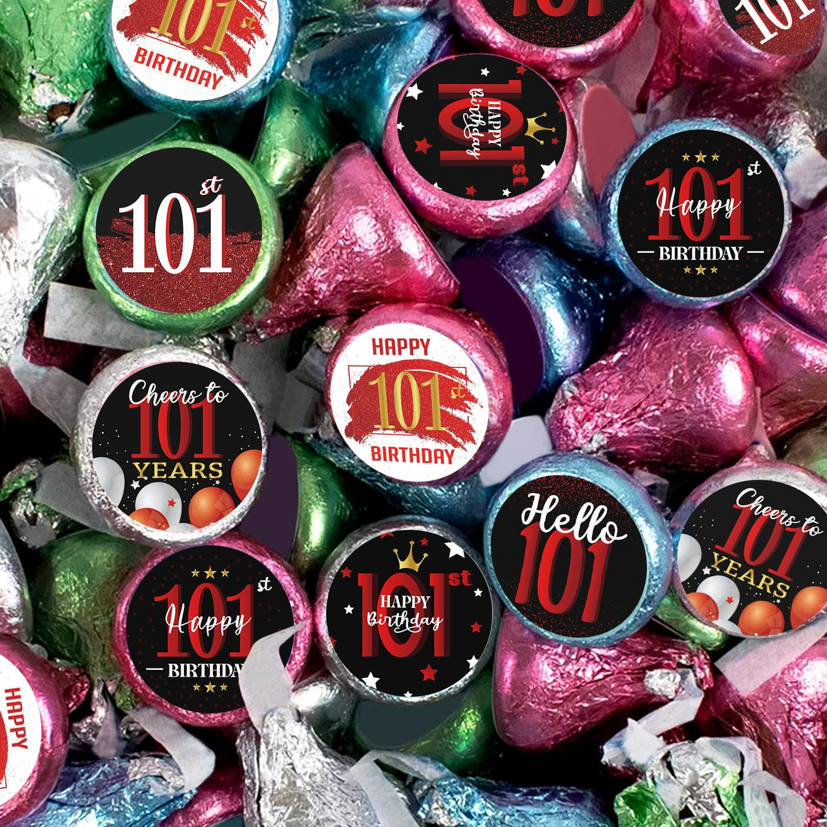 Happy 101st Birthday Party Favor Labels Chocolate Candy Stickers - 101 Years Old Round Candy Sticker Party Favors - Black and Red - 150 Stickers