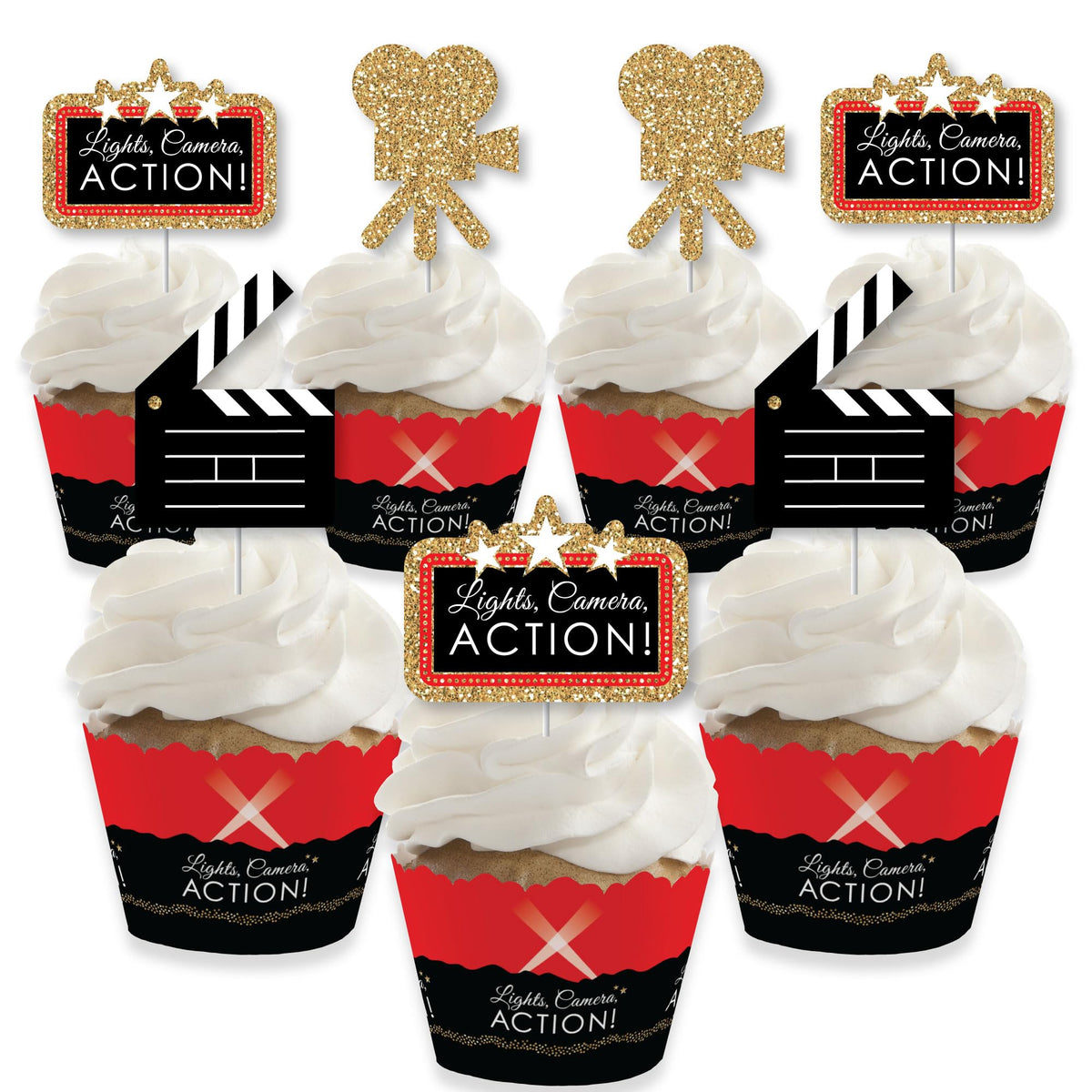 Big Dot of Happiness Red Carpet - Cupcake Decoration - Movie Night Party Cupcake Wrappers and Treat Picks Kit - Set of 24