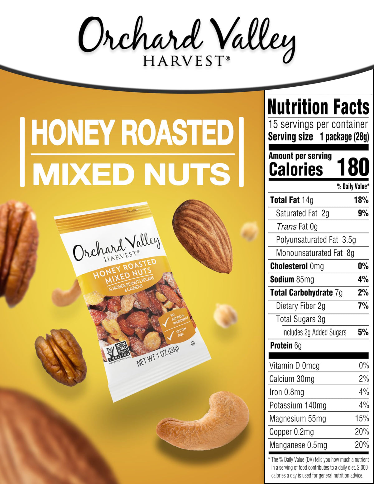 Orchard Valley Harvest Honey Roasted Mixed Nuts, 1 Ounce Bags (Pack of 15), Almonds, Peanuts, Pecans, and Cashews, Gluten Free, Non-GMO, No Artificial