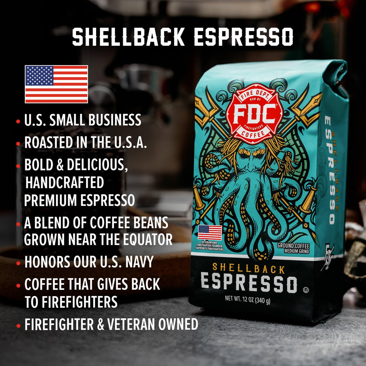Fire Department Coffee - Gives Back to Firefighters - Bold & Smooth Shellback Espresso Coffee Beans - Roasted in the USA - Veteran Owned - 12 oz