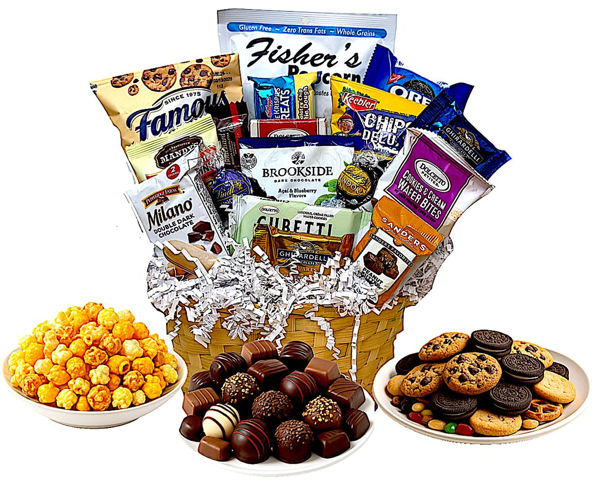 Handcrafted Gift Basket with Chocolates, Cookies, Snacks & Candy. Perfect for Birthdays, Sympathy, Holidays, Clients & Thank You Gifts (Premium Plus