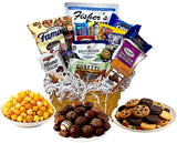 St. Patrick’s Day Gift Basket with Chocolate, Candy & Snacks - 8 Inch Shamrock Wrapped Gift Basket - Irish Holiday Treats for Family, Friends