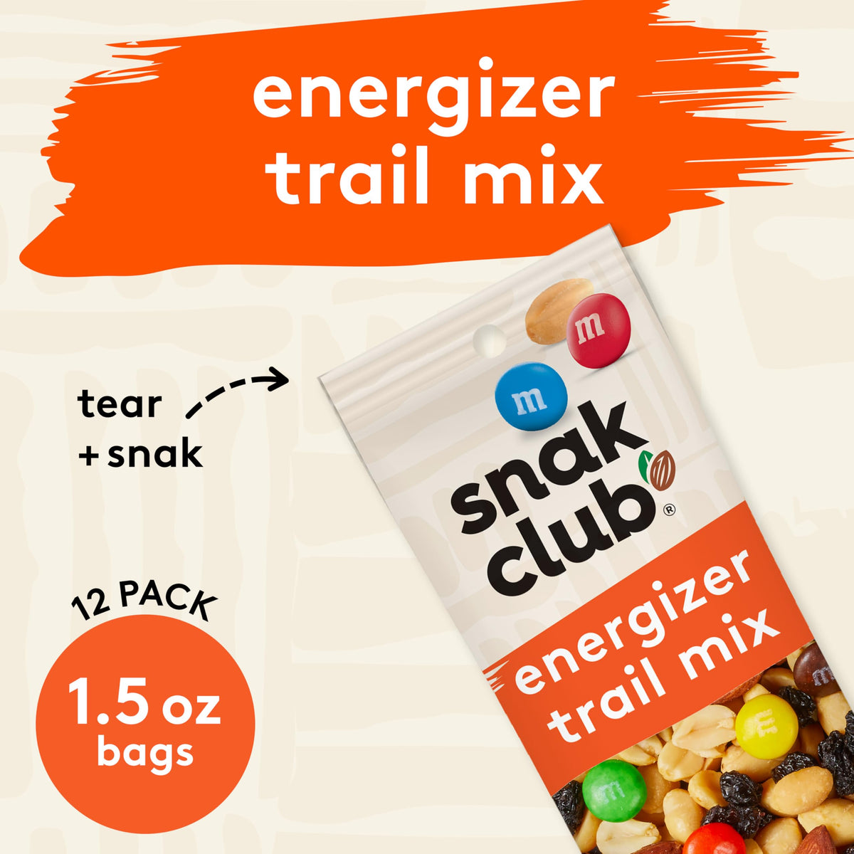 Snak Club Energizer Trail Mix with Roasted Salted Peanuts, Raisins, Chocolatey Candies, Roasted Almonds, Gluten-Free and Kosher Snack, 2 oz Bags, 12
