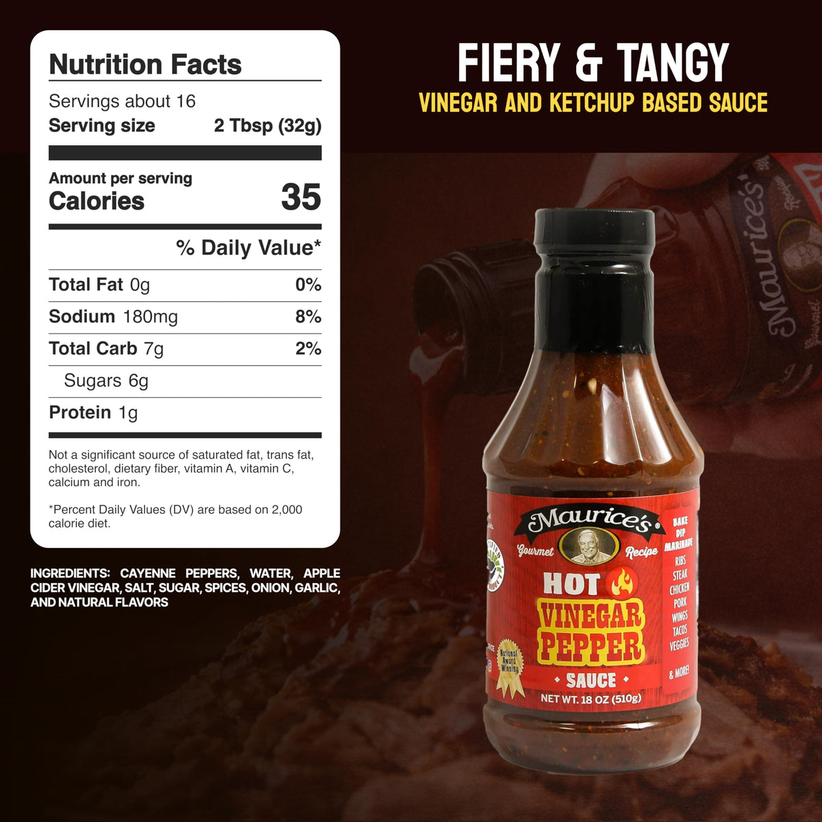 Maurice’s Southern Gold BBQ Sauce, Hot Pepper- Carolina Gold Barbecue Sauce with Bold Pepper Heat- Authentic Southern Carolina Barbeque Dressing