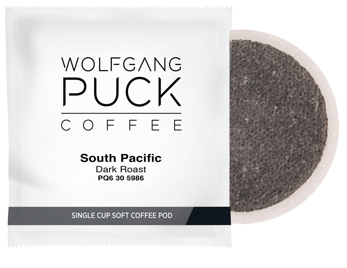 Wolfgang Puck Soft Coffee Pods, Organic Fair Trade, South Pacific Dark Coffee, 18 Count