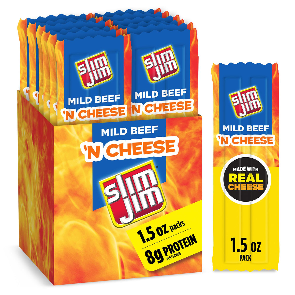 Slim Jim Beef 'N Cheese Smoked Meat Sticks, Mild Flavor, 8g Protein Per Serving, 1.5 oz. (18 Count)