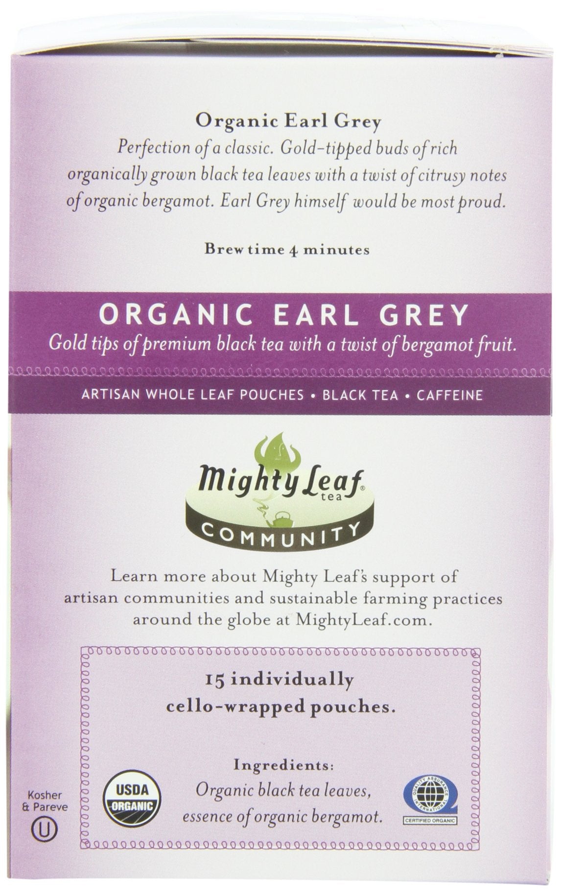 Mighty Leaf Whole Leaf, Tea Organic Earl Grey, 15 Tea Bags Individual Pyramid-Style Tea Sachets of Organic Caffeinated Black Tea with Organic