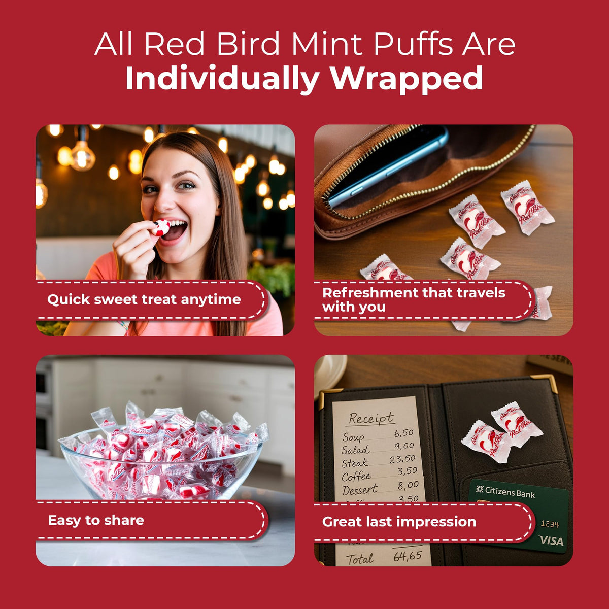 Red Bird Soft Peppermint Candy, Soft Mints Individually Wrapped, 18 oz Tub