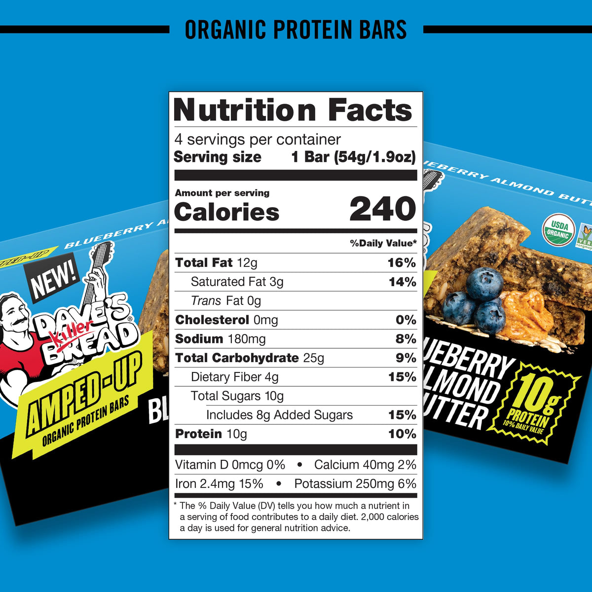 Dave's Killer Bread Blueberry Almond Butter Amped-Up Protein Bars 4 CT + 1 Branded Sticker Variety Pack