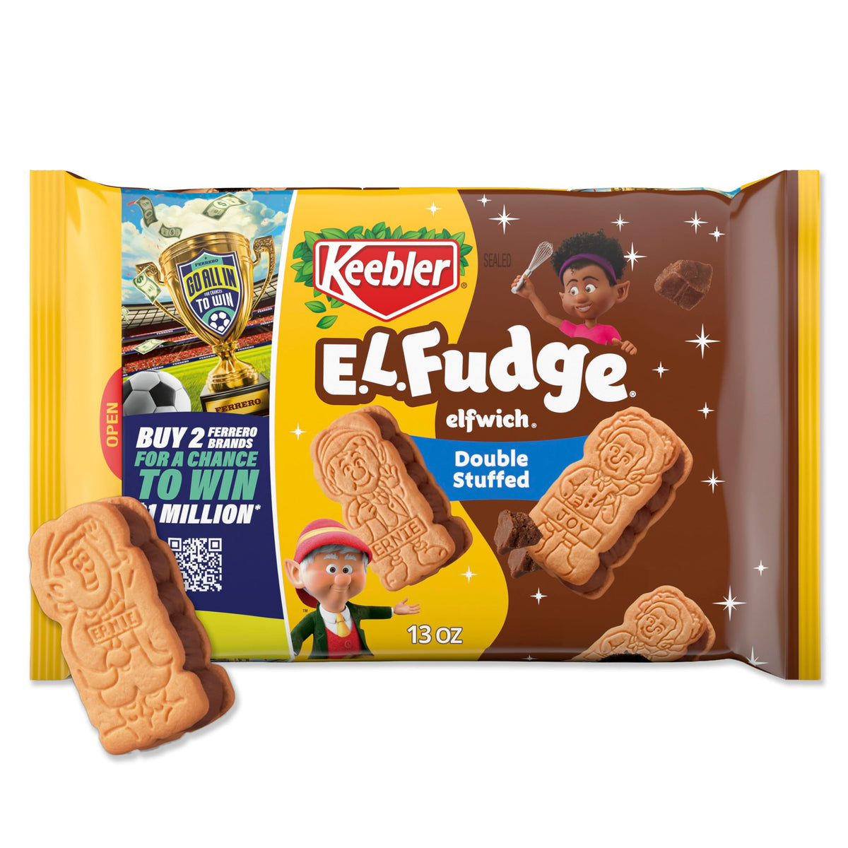 Keebler E.L. Fudge Double Stuffed Elfwich Cookies, Sandwich Cookies Stuffed with Crème Filling, 13 oz