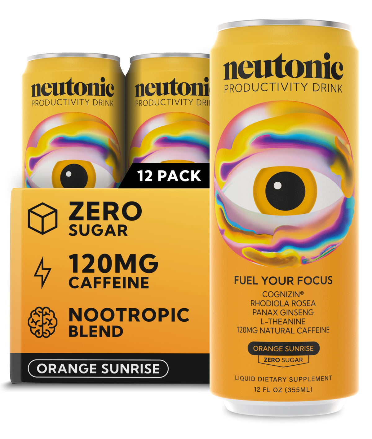 Neutonic Nootropic Productivity Energy Drink | Orange Sunrise 12 Cans | 120mg Natural Caffeine, Zero Sugar | Support Memory, Mental Clarity, Cognitive