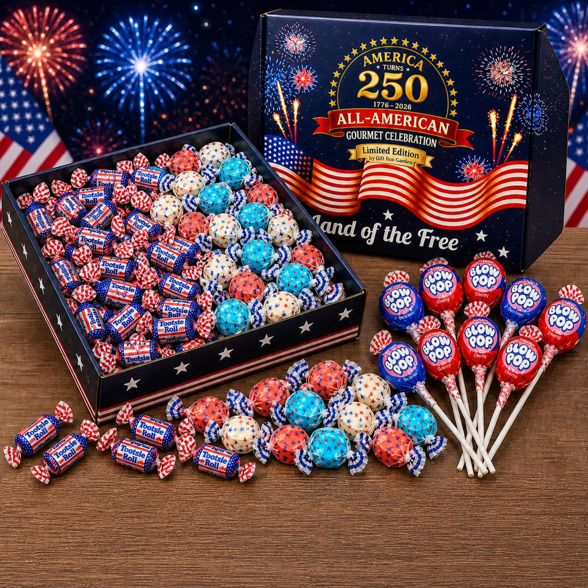 Gift Box Garden | America 250th Candy Variety Box | Red, White & Blue Midgees, Salt Water Taffy & Blow Pops | Assorted Candy Gift Box for Independence