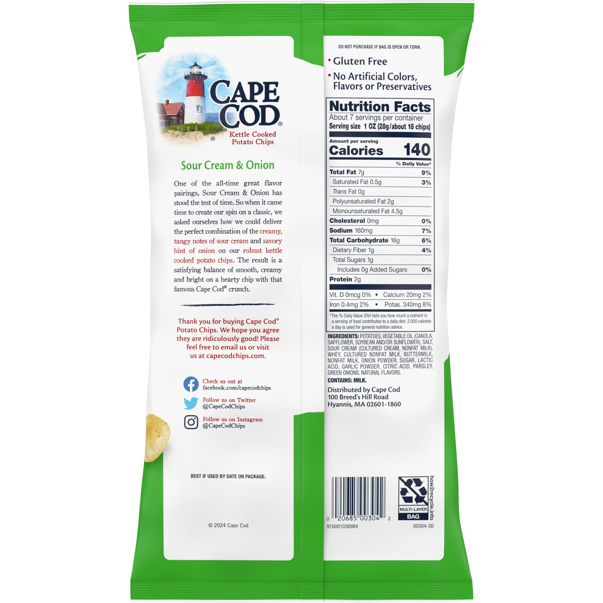 Cape Cod Potato Chips, Sour Cream and Onion Kettle Cooked Chips, 7.5 Oz