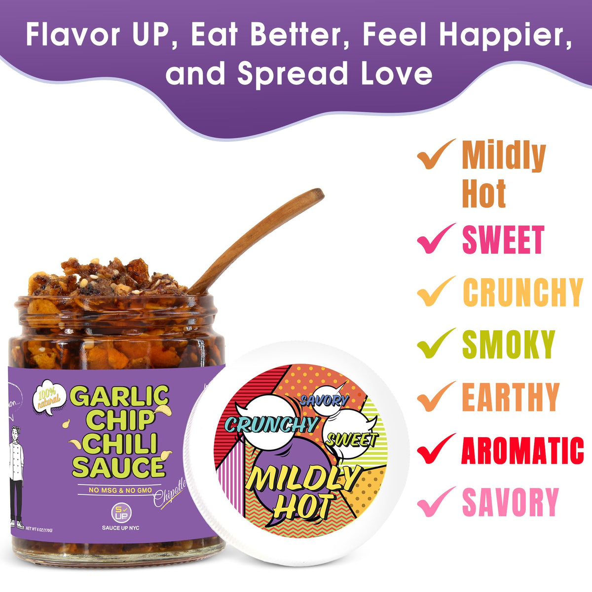 SAUCE UP Original Garlic Chip Chili Sauce - 3 Pack (6oz) | Super Crunchy, Savory & Garlicky | Premium Chef-Curated, Plant-Based, Gluten-Free, Non-GMO